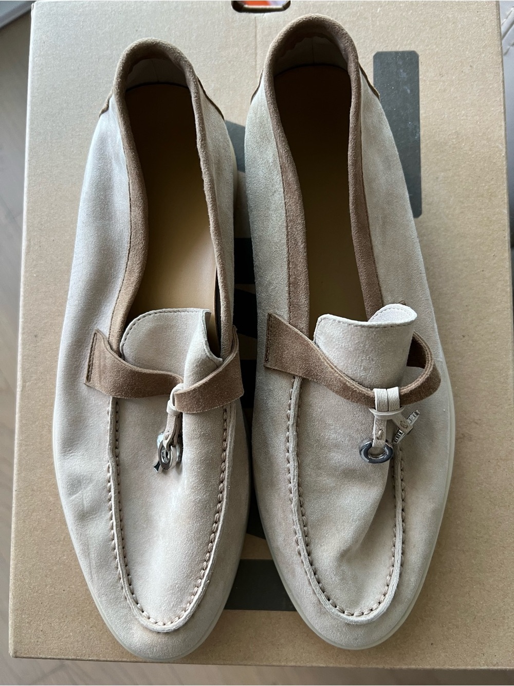 Suede Slip-On Loafers in Light Beige with Brown Trim